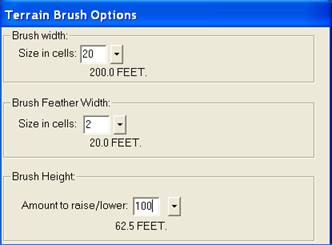 Terrain Brush Options Settings - Brush width: Size in cells: 20; Brush Feather Width: Size in cells: 2; Brush Height: Amount to raise/lower: 100